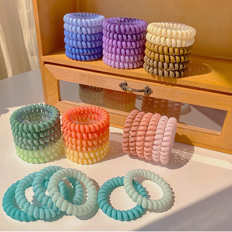 เชือกรัดผมแบบสายโทรศัพท์สีสันสดใส 6 ชิ้น/ชุด เชือกรัดผมแบบไร้รอยต่อ แฟชั่นสำหรับเด็กผู้หญิง ยางรัดผม - รูปที่ 3