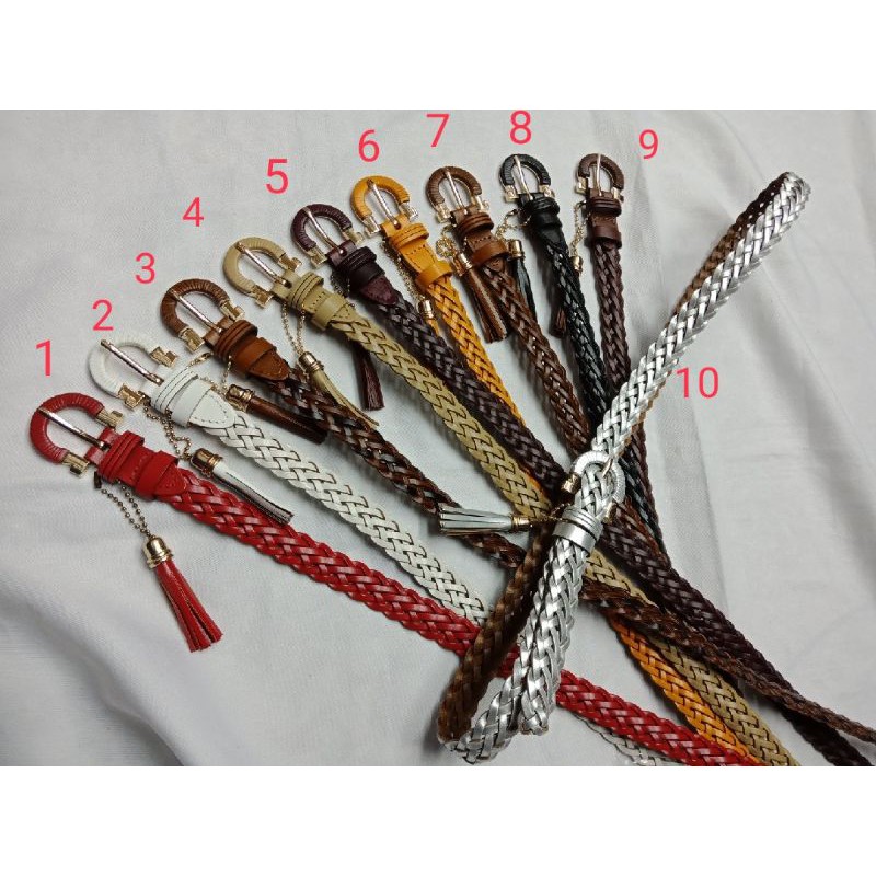 [เก็บโค้ดส่งฟรีหน้าร้าน] เข็มขัดเปียหนังแท้จ้า.. เปียหนังหัวถักมีพู่ห้อยข้างกว้าง2cmยาว40"หลายสี