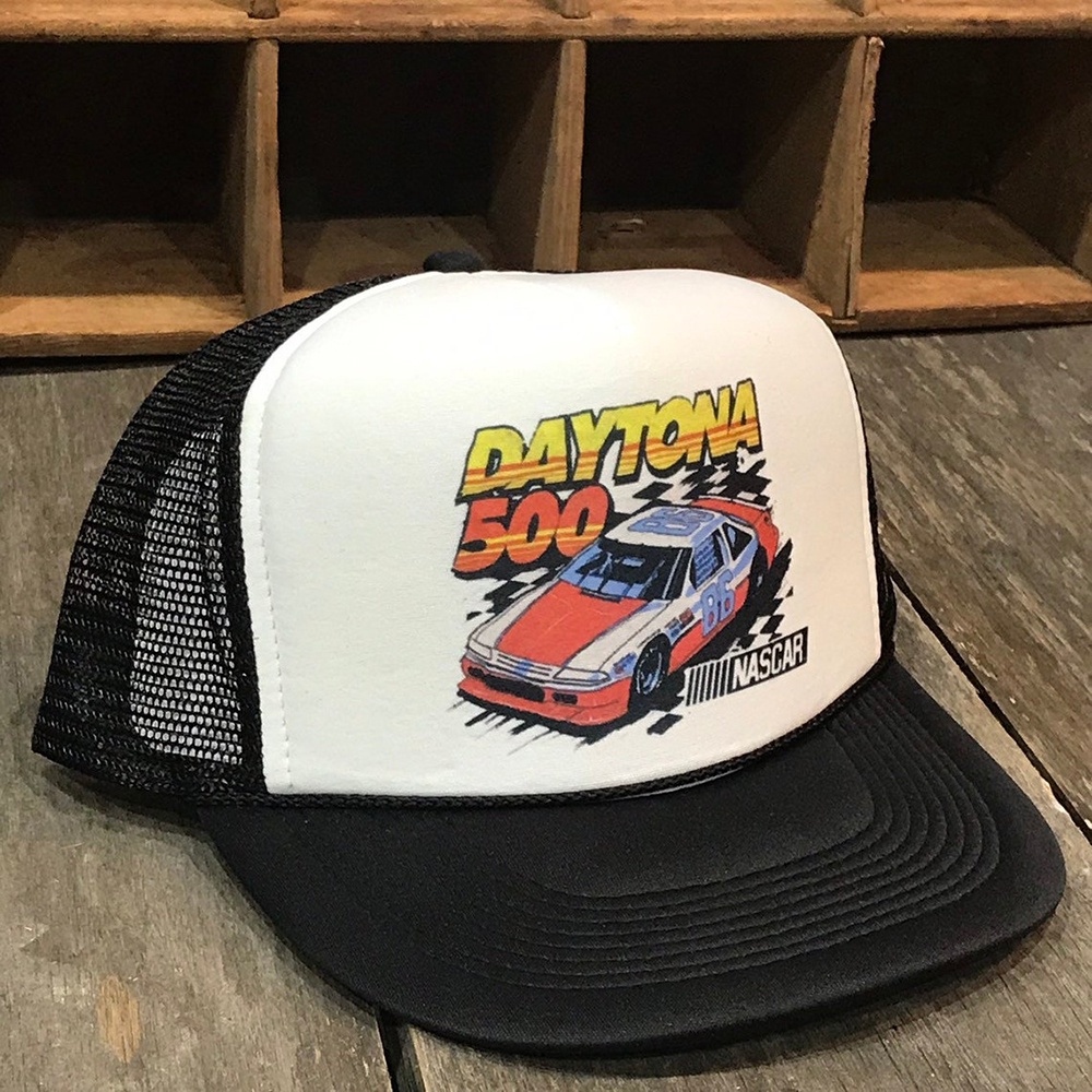 Daytona 500 Nascar Race Race Trucker หมวกตาข่ายสไตล์วินเทจ 90 สีดํา