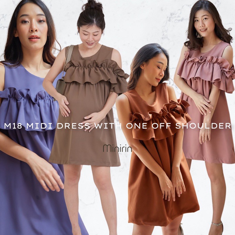 Minirin เดรสคลุมท้องน่ารัก (ให้นมได้ + ซับในอย่างดี) M18 Mini dress with one off shoulder คลุมท้องแล