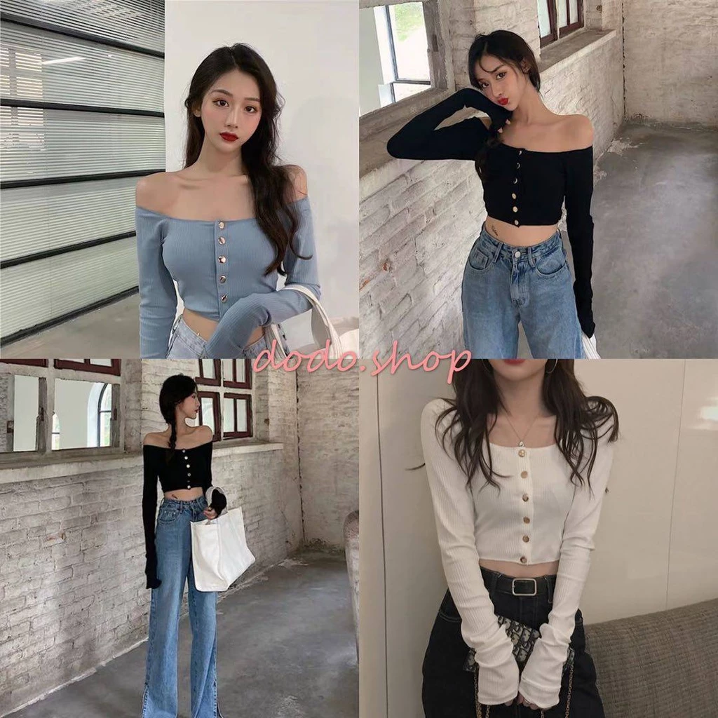 DODO*พร้อมส่ง*เสื้อปาดไหล่แขนยาว ตกแต่งด้วยกระดุมสีพิ้งโกล(5691)