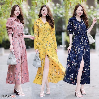 Maxidress เดรสยาวพิมพ์ลายดอกไม้เลื้อยแขนยาวกระดุมผ่าหน้า