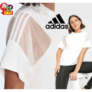 Adidas - ใหม่ เสื้อยืด แทรกผ้าซาตินที่ช่วงไหล่ผ้าโปร่งซีทรู แต่งโลโก้ Trefoil ทรงหลวม ADIDAS SHORT SLEEVE TEE FU3851