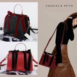 Outlet Charles &amp; Keith Velvet Bow Detail Handbag กระเป๋าถือ สะพาย เรียบหรูดูดีมากๆค่ะ