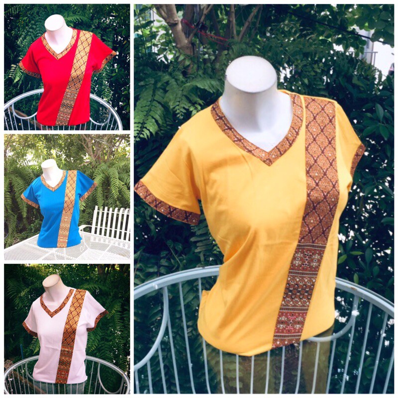 🌈เสื้อยืดคอวีสปา เสื้อนวด🌈ลายไทยๆ