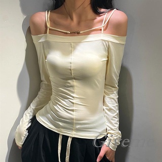 Giveme- เสื้อยืดแขนยาว เปิดไหล่ ทรงสลิมฟิต สีพื้น แฟชั่นฤดูใบไม้ร่วง สําหรับผู้หญิง ใส่ไปคลับ ปาร์ตี้