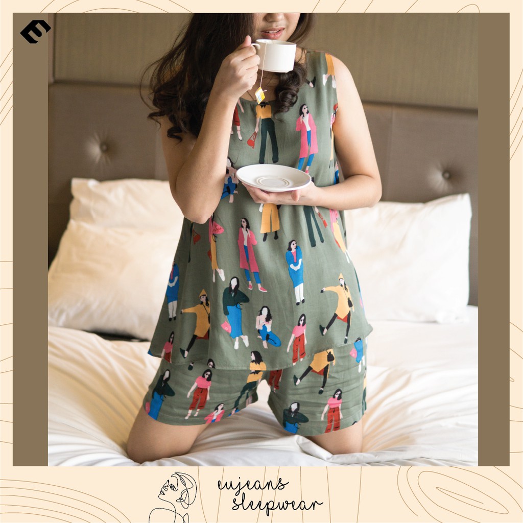 Pj Vol.1 ชุดนอนกางเกงขาสั้น - สีเขียว - กางเกงยีนส์ Xlimited Stock! X