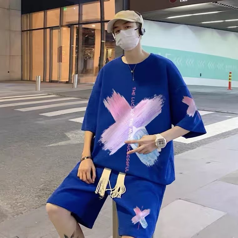 ใหม่ ชุดเสื้อยืดแขนสั้น และกางเกงลําลอง สองชิ้น แฟชั่นฤดูร้อน สําหรับผู้ชาย