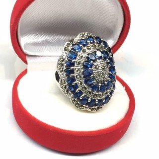 ชุดเครื่องเงิน 925 จี้ แหวน พลอย ไพลิน CZ สีน้ำเงิน ทรงหน้าใหญ่