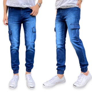 ๋JEANSEXPRESS Jogger Blue Jeans กางเกงยีนส์ขาจั้มชายสีบลูยีนส์ฟอก มีกระเป๋าข้าง เป้าซิป ผ้ายืด ทรงสลิม Size 28-36