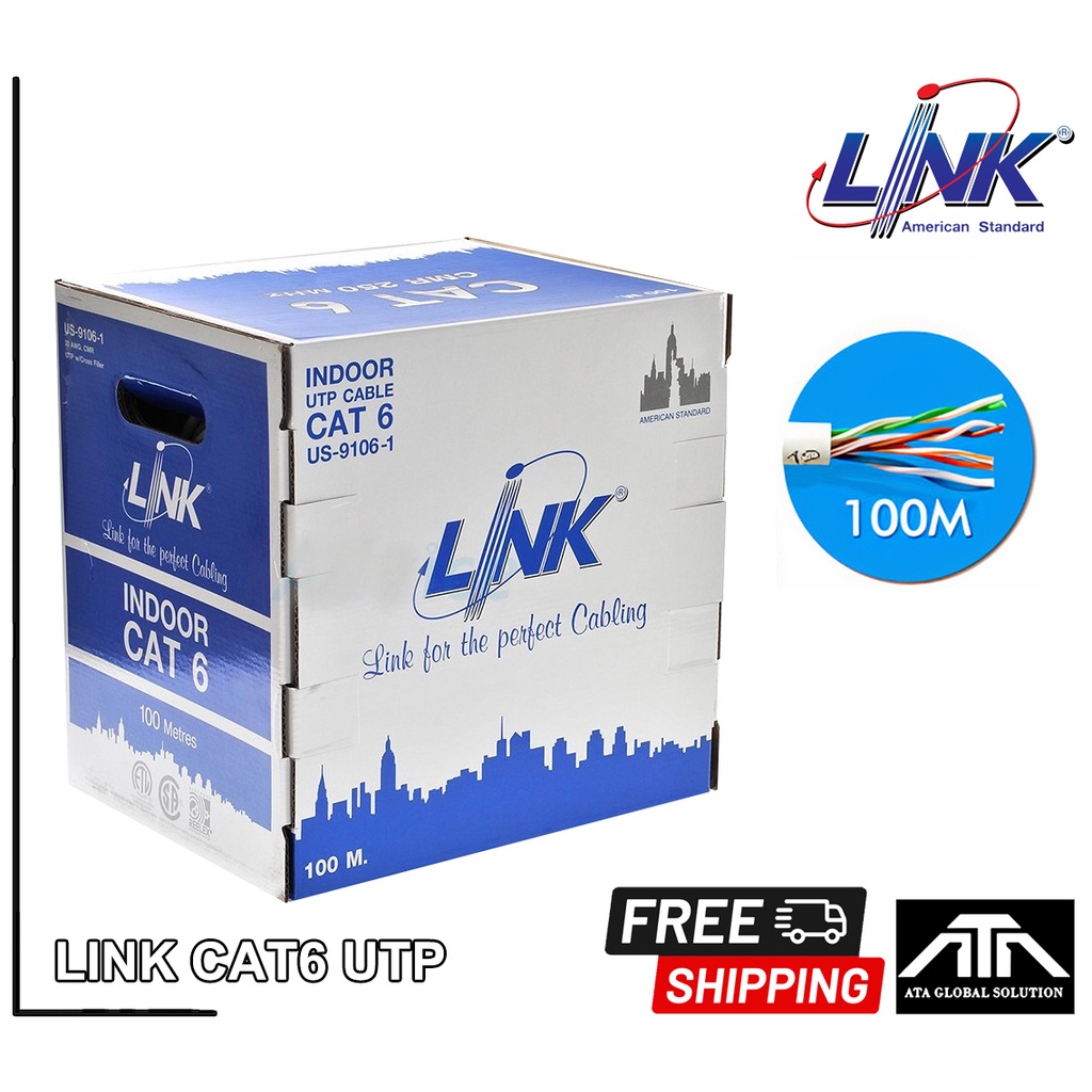 CAT6 UTP Cable (100m/BOX) Link' Cable UTP CAT6 100 Meter  สายแลน มีกล่องลากสาย
