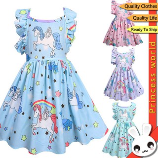 Girls Dress พร้อมสต็อกสินค้าการ์ตูนยูนิคอร์นเด็กผู้หญิงน่ารักงานเลี้ยงชุดเจ้าหญิงประกวด