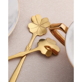 ช้อนชา รูปใบไม้ สแตนเลส สีทอง Golden Stainless Steel Leaf Design Spoon