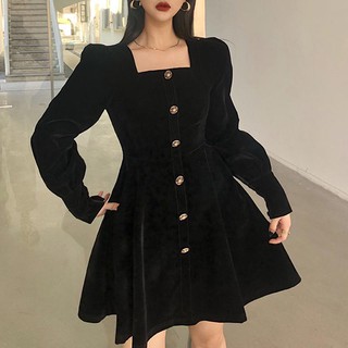 🔥Hot Sale / Amyway Retro French Velvet Single-breasted Design Puff Sleeve Square Neck Dress Waist A-line Short Skirt Fe