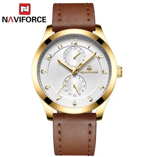 โละล้างสต็อค นาฬิกา naviforce แท้ รุ่น NF3004 G/W/L.BN สีทองขาว สายหนัง ของแท้ 100% รับประกัน 1ปี