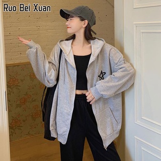 RUO BEI XUAN แจ็คเก็ตของผู้หญิงเวอร์ชั่นเกาหลีนักเรียนที่เรียบง่ายสบายๆพิมพ์ซิปแขนยาวแจ็คเก็ตเบสบอลคลุมด้วยผ้า