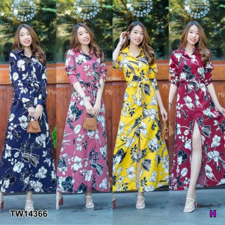 Maxi Dress เดรสเชิ้ตยาว ติดกระดุมด้านหน้า แขนยาว มีโบว์ผูกเอวปรับระดับได้ งานผ้าโฟย์เวย์พิม์ลายดอก