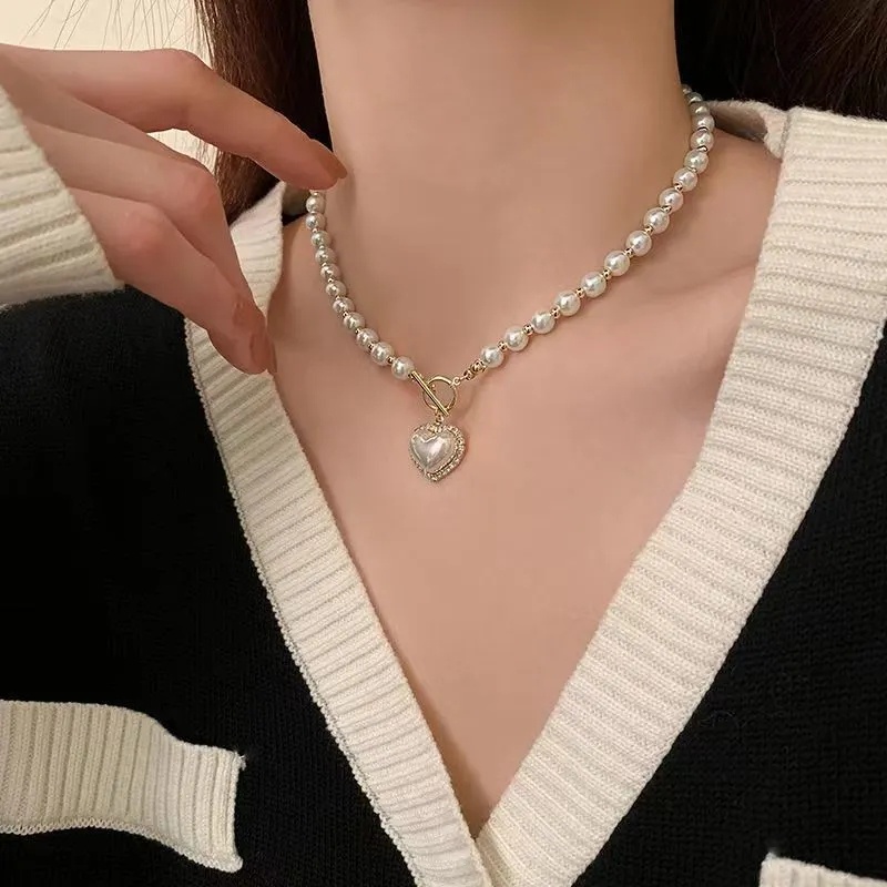 สร้อยคอโซ่ จี้ไข่มุกจําลอง รูปหัวใจ ขนาดใหญ่ สีขาว สีทอง สไตล์ฝรั่งเศส วินเทจ สําหรับผู้หญิง