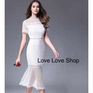 งานบุญ งานบวช!!! M-L Maxi Dress เดรสขาวแขนสั้นผ้าฉลุลายชายหางปลา งานป้าย Love love