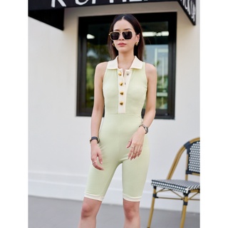 Audrey Jumpsuits ชุดจั๊มสูทผ้ายืด รัดรูป กระดุมหน้า คอโปโล แขนกุด