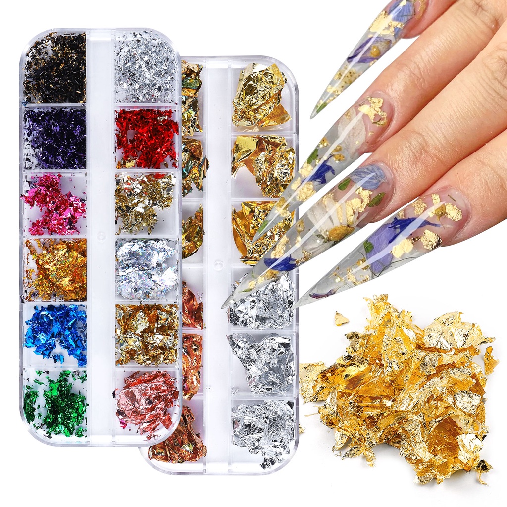 12grid/set แฟชั ่ น Gold Sliver ฟอยล ์ Flakes กระดาษไม ่ สม ่ ําเสมออลูมิเนียมสติกเกอร ์ เล ็ บ DIY เครื ่ องมือออกแบบเล ็ บ