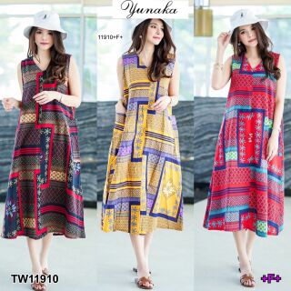 Dress เดรสคอวีแขนกุด เนื้อผ้าฝ้ายทอลายสวย