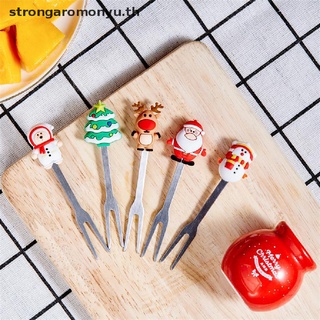 【strongaromonyu】ส้อมจิ้มผัก ผลไม้ สเตนเลส ลายการ์ตูนซานตาคลอส คริสต์มาส 5 ชิ้น ต่อชุด