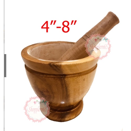 ครกไม้พร้อมสาก 4-8นิ้ว สีธรรมชาติ ลายไม้ แข็งแรงทนทาน เกรด A