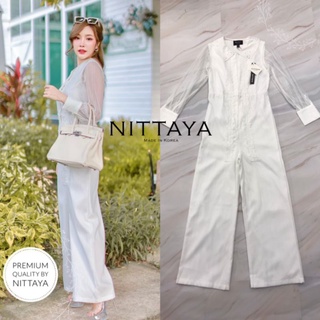 ป้าย NITTAYA: จั้มสูทขายาวสีขาวแขนซีทรูคอปก