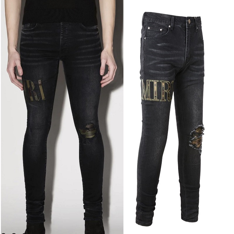 AMIRI camouflage patch LOGO slim black jeans