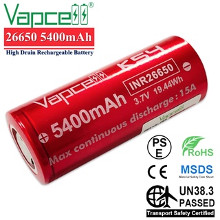 🔥สินค้ามาใหม่🔥 ถ่านชาร์จ 26650 Vapcell 5400mah 3.7V 15A Max สีแดง 1 ก้อน