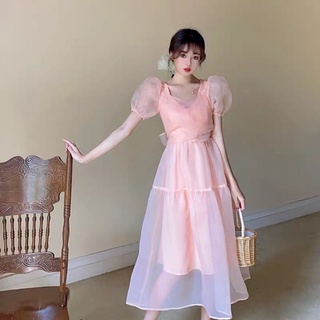 🔥Hot Sale/ชุดเดรสคอเหลี่ยมตาข่ายสีชมพูผู้หญิง 2022 กระโปรงยาวแขนพัฟใหม่สำหรับผู้หญิง