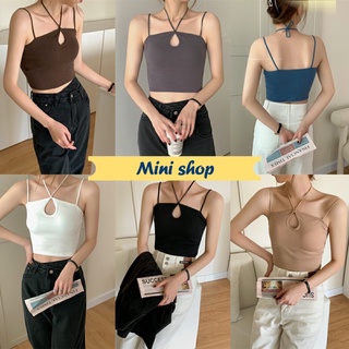 Mini shop🌸พร้อมส่ง🌸 (7635) เสื้อสายเดี่ยวไหมพรม ดีเทลสายผูกคล้องคอ เว้าหน้าอกเซ็กซี่