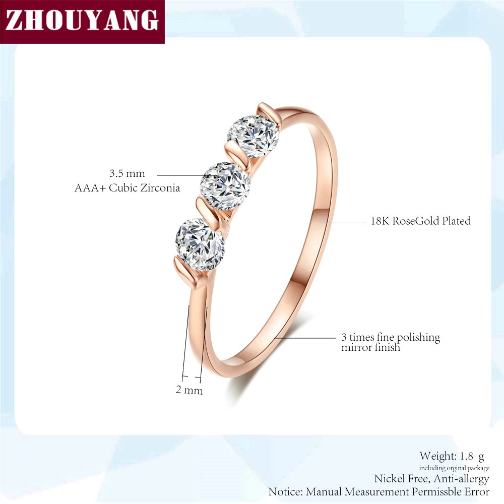 ZHOUYAN ง่าย หมั้นแหวนแต่งงานสำหรับผู้หญิงคลาสสิก CZ ออสเตรียคริสตัล กุหลาบทอง สีขาวสีทองเครื่องประดับแฟชั่นคู่รักแหวน R067