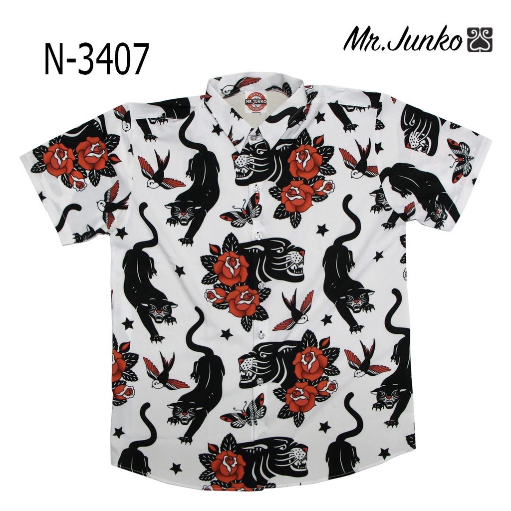 ส่งฟรี เสื้อเชิ้ตแขนสั้น งานต่อลาย Mr-Junko ผ้าซาตินนิ่มใส่สบายไม่ร้อน N-3407