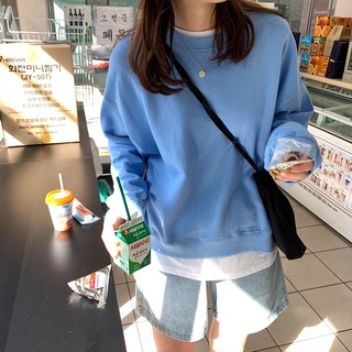 Women Fashion Round Neck Sweater Korean Loose Oversize Solid Color Long Sleeved Sweater เสอื้ ไหมพรม