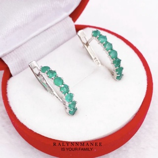 T6410 ต่างหูพลอยโมราแท้ ( Chrysoprase ) แบบอิงลิชล็อค ตัวเรือนเงินแท้ 925 ชุบทองคำขาว