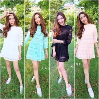 พร้อมส่ง วันพุธ  New !!!! ✨เดรสผ้าลูกไม้แขนยาว✨ ดีเทลชายระบายน่ารัก มีซับด้านในทั้งตัว ทรงไฮคราส ใส่