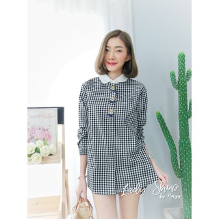 เสื้อญี่ปุ่นแท้นำเข้า ดีเทลลายสก๊อตกับผ้าลูกไม้ ทรงคอบัวลูกไม้ งานน่ารักสไตล์ญี่ปุ่น ทรงฟรีไซส์