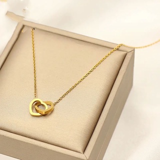 Stainless Steel Wholesale Price Faded Refund Fashion Trend Love Necklace For Female Clavicle Chain Non-Allergic Peach Heart Pendant Double Ring Love Necklace