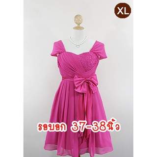 E1145-3-XL-ชุดราตรีคนอ้วน สีชมพูบานเย็น ผ้าชีฟองประดับผ้าลูกไม้หรู มีแขนปล่อยคลุมลงมา โบว์2ชั้นน่ารัก