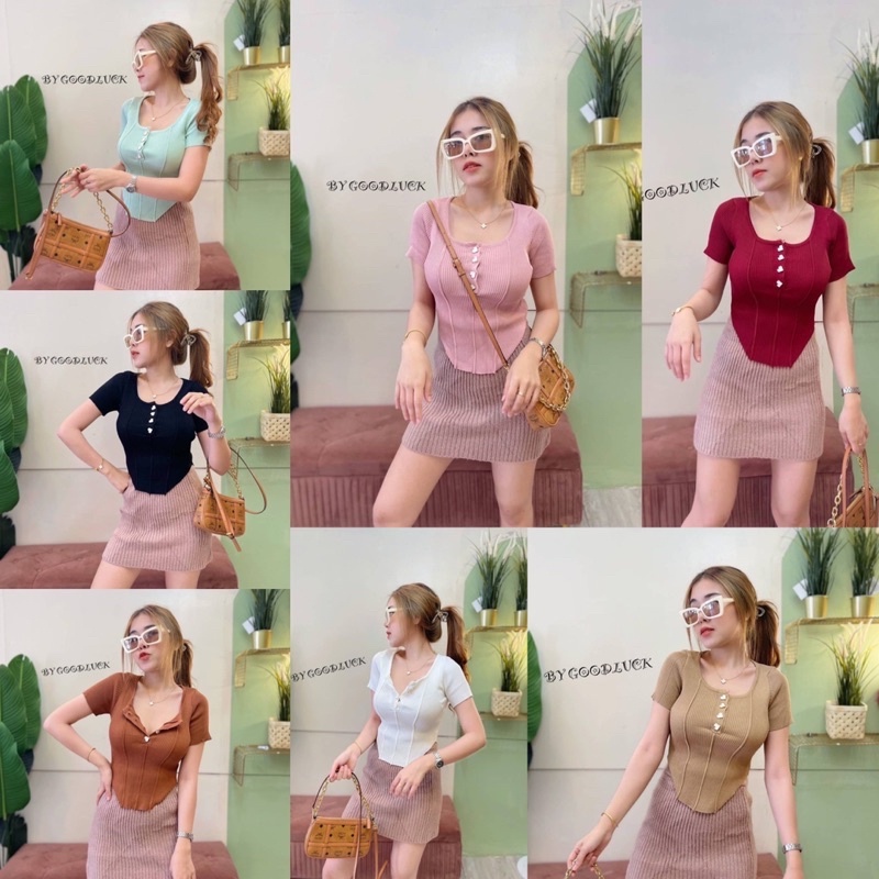 🌈 SpinnyHouse 🌈 เสื้อยืดนมโต ผ้าไหมพรมผ้าร่อง  แต่งกระดุมหัวใจแบบใสๆ งอแง B-015-3-A