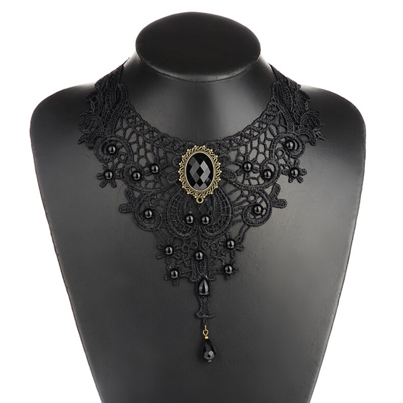 Black Lace& Bead Choker Victorian Steampunk Style Gothic Collar Necklace