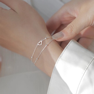 Women Silver Heart Charm Double Layer Silver Beads Exquisite Bracelets