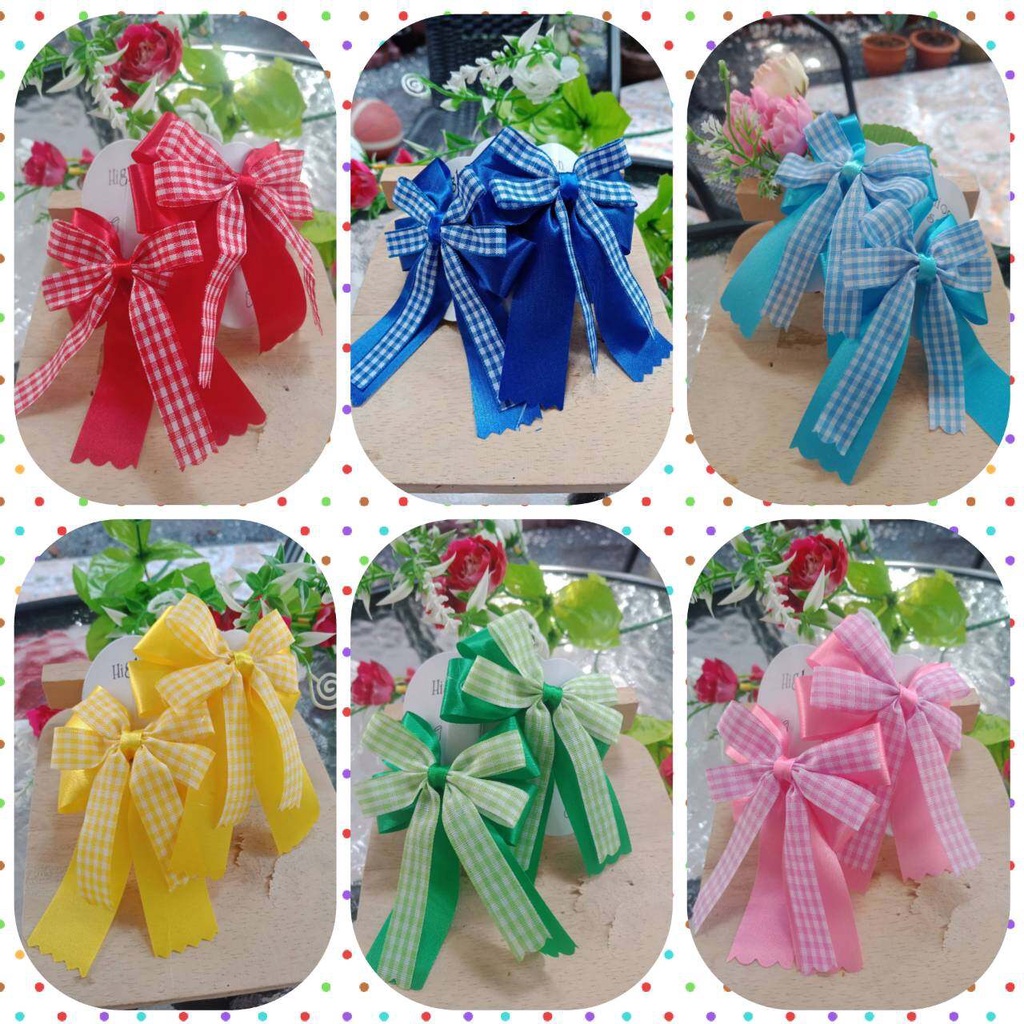 โบว์นักเรียนลายสก้อต 2 ชั้น มีหลายสี ขายเป็นคู่    มีแบบกิ๊ฟ แบบยางรัด  รร.นานาชาติ