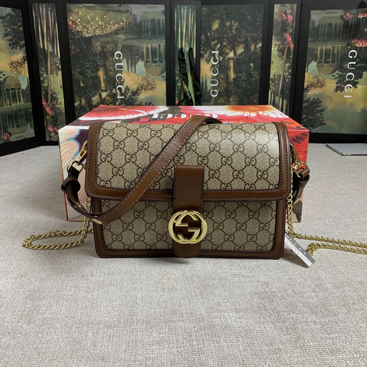 Gucci Messenger Bag For Women Brown Grey Double G Ring Buckle ก ชช กระเป า Messenger Classic Printing ส น ำตาล ใหญ Shopee Thailand