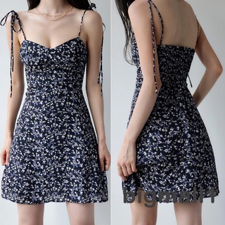 BIGMALL-Women  A-line Slim-fit Backless Sleeveless Floral Print V-neck Tie-up Spaghetti Strap  Dress