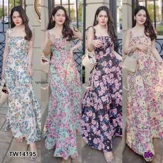 MM14195 Maxi dress สายเดี่ยว ลายดอก สม๊อคหลัง Maxi dress, single line, floral print, smocked back