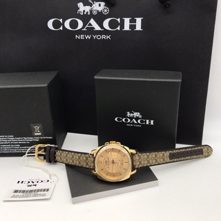 นาฬิกา Coach Ladies Boyfriend Signature Fabric Leather Watch หน้าปัดสีทอง 34 มม. ประดับด้วยคริสตัลล้อมรอบ