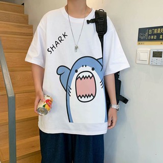 【ผ้าฝ้ายแท้】ผู้ชายอินเทรนด์เสื้อยืดเสื้อยืดผู้ชายอินเทรนด์▦ins ฉลามน้อยน่ารักฤดูร้อน แนวโน้มลมฮ่องกงแขนสั้นเสื้อยืดชายน้